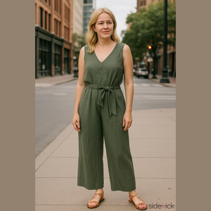 Vince Camuto Linen Blend Wide Leg Jumpsuit Sz 6 Green Belted Pockets Boho Crop